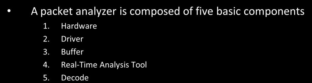 Analyzer Components A packet analyzer is composed of five basic