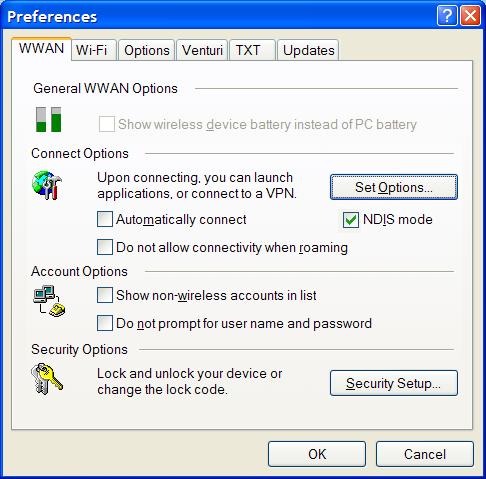 VZAccess Manager Preferences 3 VZAccess Manager Preferences 3.1 WWAN Preferences 36 To access the WWAN preferences, click on the "Tools" menu, then "Preferences..." Connect Options The "Set Options.