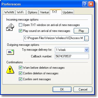 VZAccess Manager Preferences 3.5 50 TXT Messaging Preferences To access the TXT preferences, click on the "Tools" menu, then "Preferences..." and select the "TXT" tab.