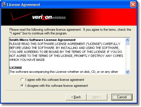Step 2 After the Welcome screen you will see the VZAccess Manager License Agreement.