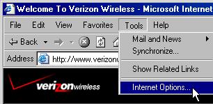 61 Verizon Wireless VZAccess Manager Step 1: In Internet Explorer, select "Tools," "Internet Options.