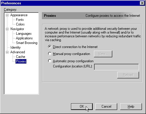Reminder: When you wish to access the Internet through your corporate network proxy server, you must repeat these steps, selecting "Manual proxy configuration" then clicking "OK.