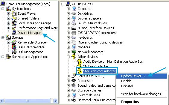 6. Expand the Other Devices section, right-click on the newly detected StarTech.com Adapter device and select Update Driver, which will start the Hardware Update Wizard. 7.