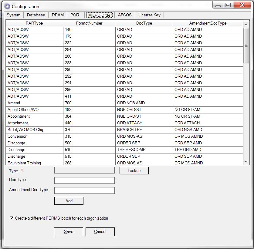 MILPO Orders The following shows the MILPO Orders tab of the configuration dialog: This screen gives you the ability to map MILPO Orders order types to PERMS document types.