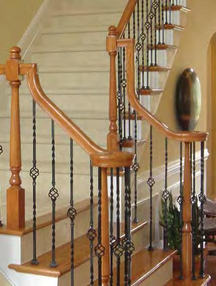Shown at right: Staircase featuring BAS1 balusters (pg 35), newels (pg 12), premium red oak treads (pg 48) and railing (pg 47).