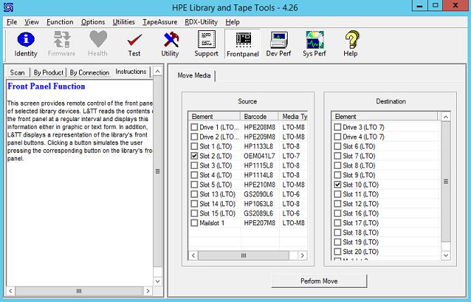 Figure 47: Front panel Using the Move Media function Most supported libraries and autoloaders support a set of commands for moving media from one location to another within the device.