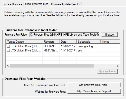 Figure 8: Firmware management screen Get files from web functionality The Windows version of L&TT offers comprehensive firmware management functionality that finds and downloads firmware from the HPE