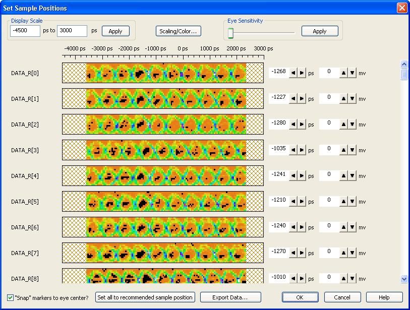 5 Using DDR3 Eyefinder a Click Set all to recommended sample position. The white crosshair markers show the recommended sample positions (see the following example).