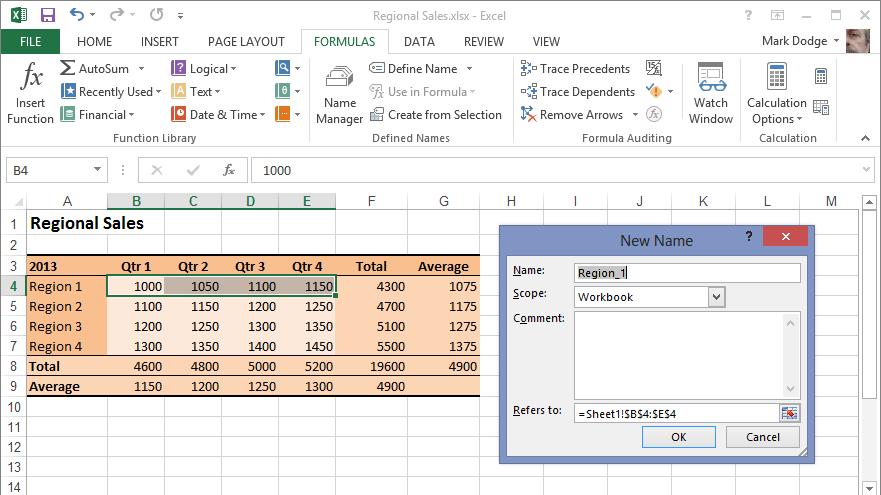 486 Building formulas Figure 12-11 When you click Define Name on the Formulas tab, Excel suggests any label in an adjacent cell in the same row or column as a name.