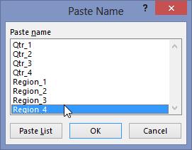 Figure 12-16 Click the Use In Formula button, and then select a name to enter it in the selected cell. Figure 12-17 The Paste Name dialog box does the same job as the Use In Formula menu.
