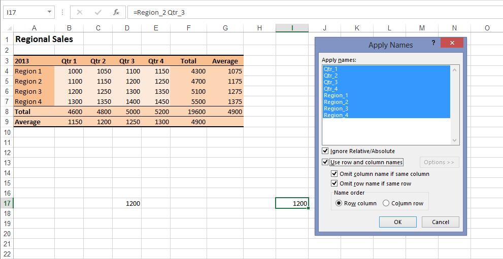 Working with formulas 495 applied also contained the formula =D5. But because cell I17 isn t in the same row or column as any of the defined ranges, applying names normally results in an error value.