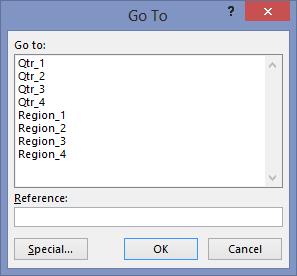 496 Building formulas Using Go To with names When you click the Find & Select button on the Home tab and click Go To (or press F5), any names you defined appear in the Go To list, as shown in Figure