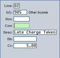 Autosoft FLEX DMS Cashier 6. The payment line is filed, and the cursor rests in the Line field. Press ENTER. 7. Type the general ledger account number for Miscellaneous Income in the G/L field.