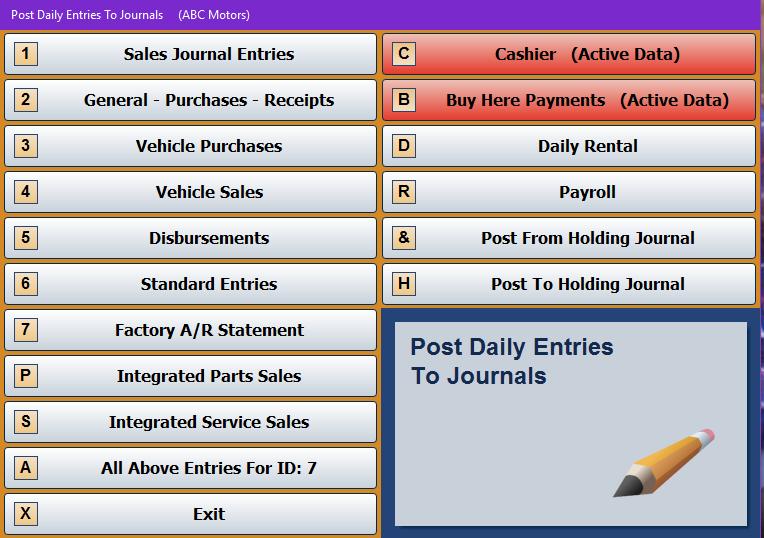 Once payments are updated from the respective menus to Accounting, Customer Receipts, and Buy Here Payments, they are posted to the books by clicking the Cashier or Buy Here Payments button on the