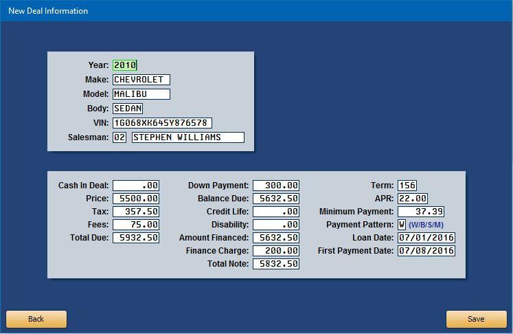 Autosoft FLEX DMS Cashier 3. This advances you to the New Deal Information screen. Enter the vehicle information and financial information for the deal. 4.