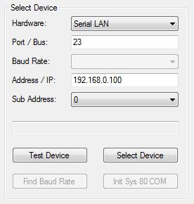 Select the hardware type, the communication port, the baud rate and the addresses matching the H&B device to be selected.