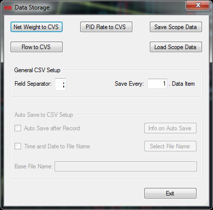 24.8 Data storage In the Data Storage dialog, accessible from the main window the user can save recorded scope display data from all of the 3 channels to a disk file.