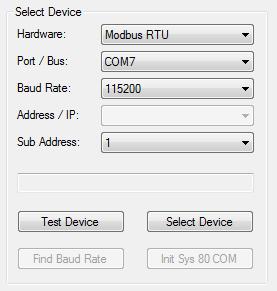 Modbus RTU: To select an H&B device using a Modbus RTU port as interface, select the Hardware type: Modbus RTU. Select the COM port to which the device is connected.