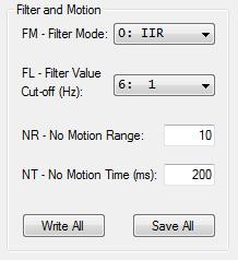 7.3 Filter and Motion The Filter and Motion group box contains some of the command parameter values from the Filter commands group and the Motion commands group.