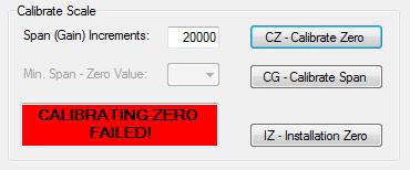 7.4 Calibration The Calibrate Scale group box consists of a number buttons and command fields to be used during a zero / span calibration session. 7.4.1 Zero Calibration A calibration session starts by a calibration of the zero point.