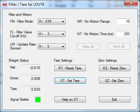 8 Filter / Tare The Filter / Tare dialog is a combined dialog for setting command parameter values belonging to the Filter and motion groups and to set and reset the current tare and zero values.