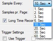 The number of samples pr scope display page can be set by selecting one of the preset samples pr. page values from the Samples pr Page drop down box. The total record time pr.