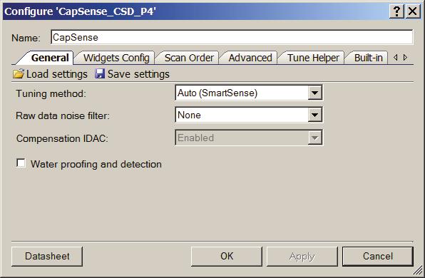 PSoC 4 Capacitive Sensing (CapSense CSD) 2. Double-click it to open the Configure dialog. 3. Change CapSense CSD parameters as required for your application.