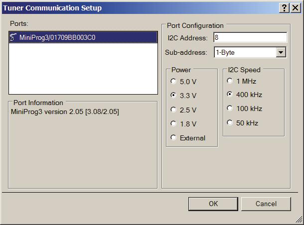 PSoC 4 Capacitive Sensing (CapSense CSD) PSoC Creator Component Datasheet Configure Communication Parameters 1. Click Configuration to open the Tuner Communication dialog. 2.