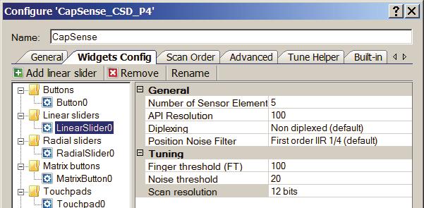 PSoC 4 Capacitive Sensing (CapSense CSD) Linear Sliders General: Numbers of Sensor Elements Defines the number of elements within the slider. A good ratio of API resolution to sensor elements is 20:1.