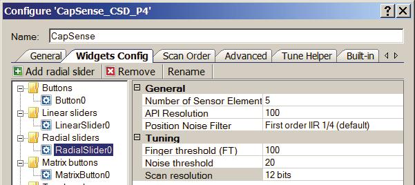 PSoC 4 Capacitive Sensing (CapSense CSD) Radial Slider General: Numbers of Sensor Elements Defines the number of elements within the slider. A good ratio of API resolution to sensor elements is 20:1.