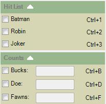 2. Hit List and Counts: The buttons are used to collapse or expand each section. The checkboxes are used to T ag an image to mark that it contains the selected Hit List buck.