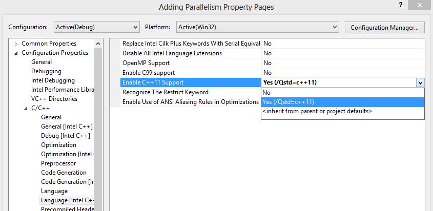 7. Configure Adding Parallelism project to use lambda expressions by selecting Yes at Project > Properties > C/C++ > Language [Intel C++] > Enable C++11x Support: Figure 6 Figure 6 Step 3.
