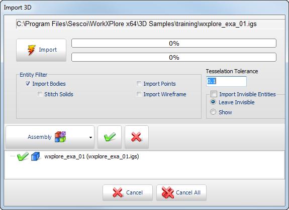 Since the file you want to import is an IGS file, the Import 3D dialog box is automatically displayed, allowing you to define the triangulation tolerance for the import as