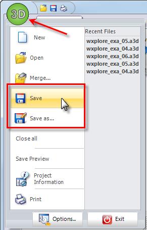 Save in the WorkXplore format You can also click on the 3D icon in the top left-hand corner of the user interface and select Save or Save as: Saving the CAD File 3.