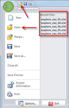 Click on the icon and browse your file Click on the 3D icon and select Open, or select your file in the list of recent files.