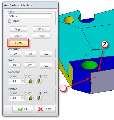 Activate the Creation tab and click on the icon in the Axis Systems toolbox. 4. Create the following axis system by clicking on 2 lines (see and below) and validate.