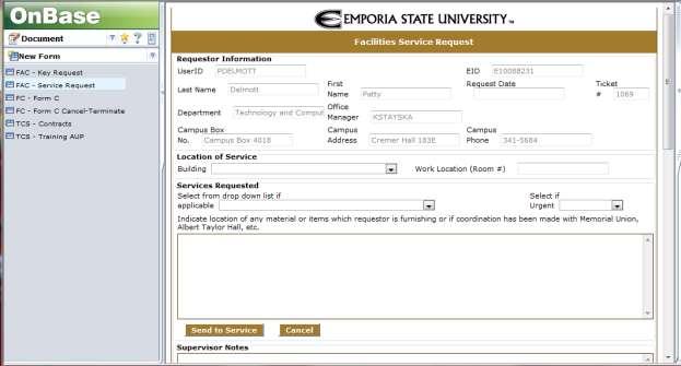 FACILITIES SERVICE REQUEST How to Create a New Facilities Service Request Ticket 1. Make sure the primary navigation menu shows Document and select New Form in the secondary navigation menu.