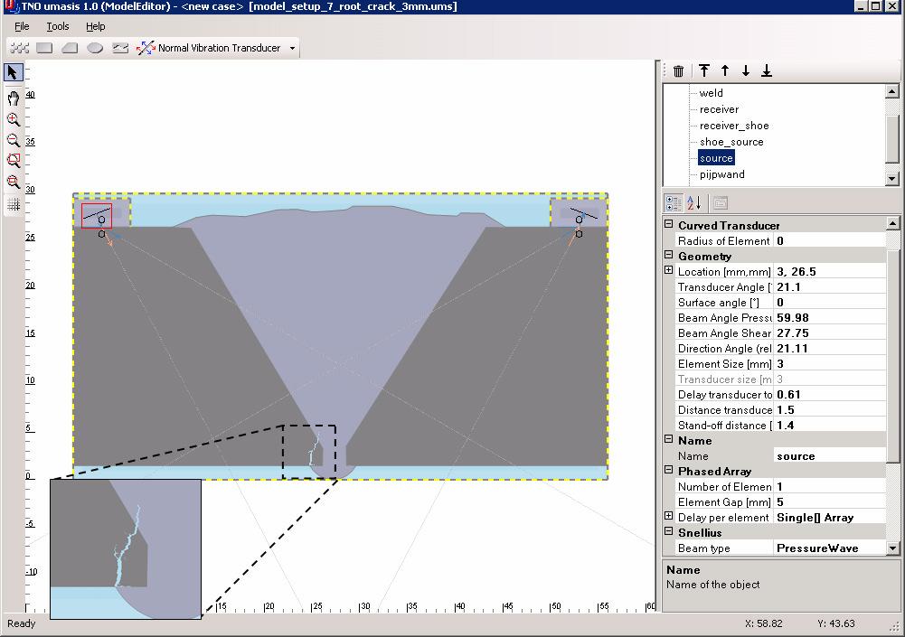 Figure 2. Drawing screen of UMASIS. Inside the model grid the inspection geometry of TOFD simulation is drawn. The inset shows a zoom of a crack present in the root of the weld.