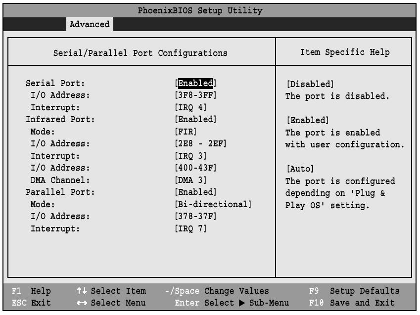 Serial/Parallel Port Configuration Submenu of the Advanced Menu The Serial/Parallel Port Configuration submenu provides the ability to set the I/O addresses and interrupt levels for the serial,
