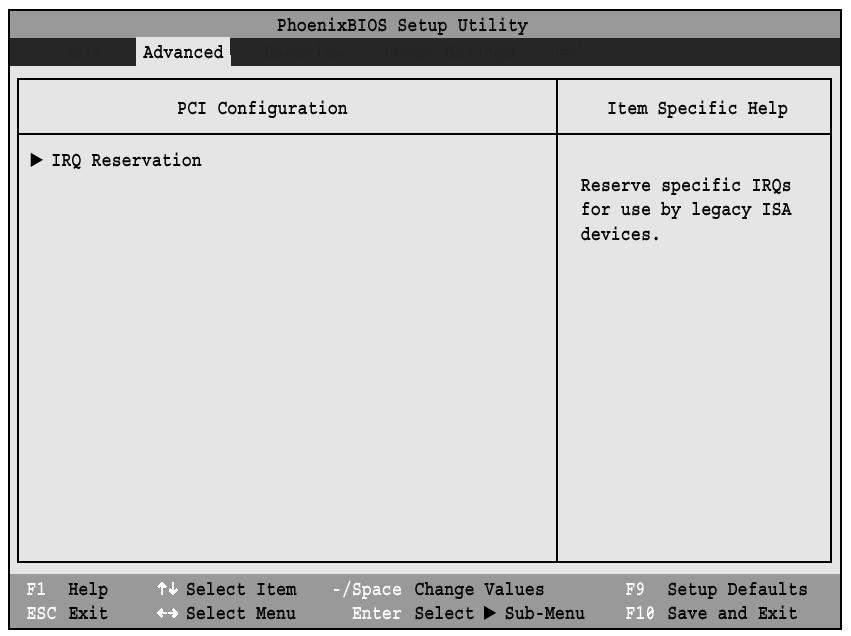 PCI Configurations Submenu of the Advanced Menu The PCI Configurations submenu allows the user to reserve specific interrupts (IRQs) for legacy ISA devices, and to enable or disable built in PCI