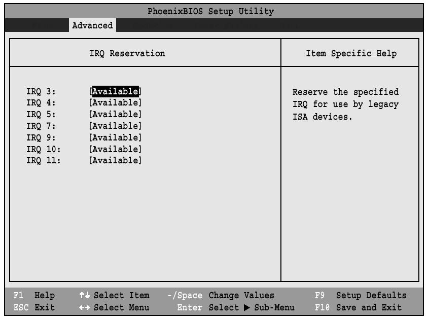 IRQ Reservation Submenu of the PCI Configurations Submenu The IRQ Reservation submenu of the PCI Configurations submenu allows the user to mark various IRQs as reserved for use by legacy ISA