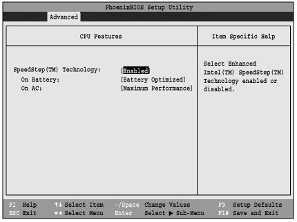 CPU Features Submenu of the Advanced Menu The CPU Features Submenu configures the system Processor.