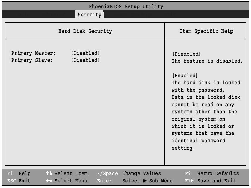 Hard Disk Security Submenu of the Security Menu The Hard Disk Security submenu is for configuring hard disk security features. Figure 15.