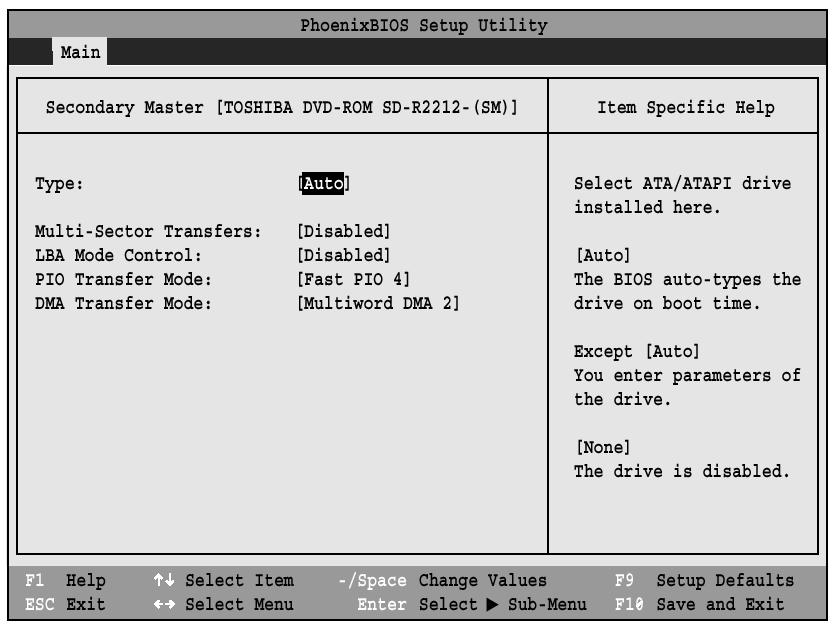 Secondary Master Submenu of the Main Menu The Secondary Master submenu is for the internal CD-ROM drive. The drive type is displayed on this menu as well as the Main menu.