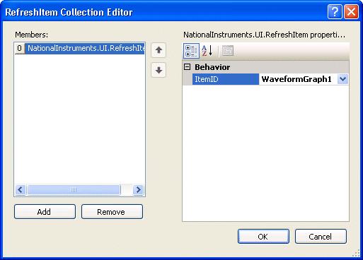 4. Select Add. Select WaveformGraph1 for the ItemID and click OK. 5. Double-click the AutoRefresh control.