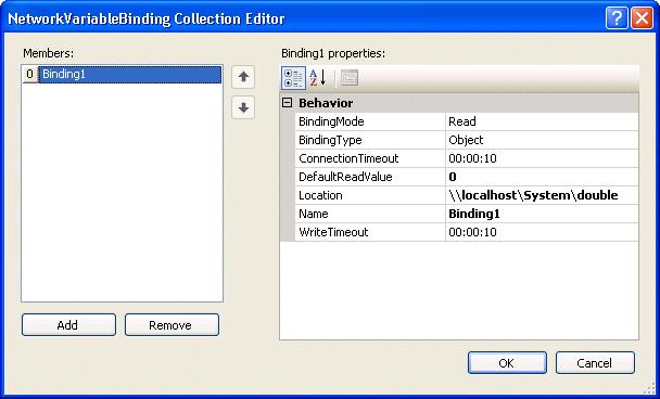 In the NetworkVariableDataSource smart tag, select Edit Bindings to launch the NetworkVariableBinding Collection Editor dialog box. 6. Select Add.