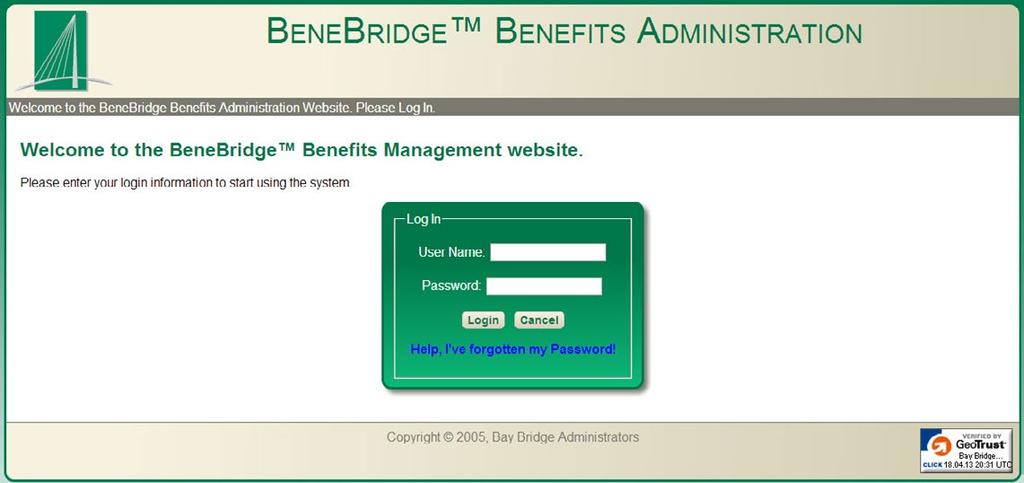 Logging In Using your favorite browser, navigate to http://www.benebridge.com. You will be presented with a Log In page in which you will enter your unique User Name & Password.
