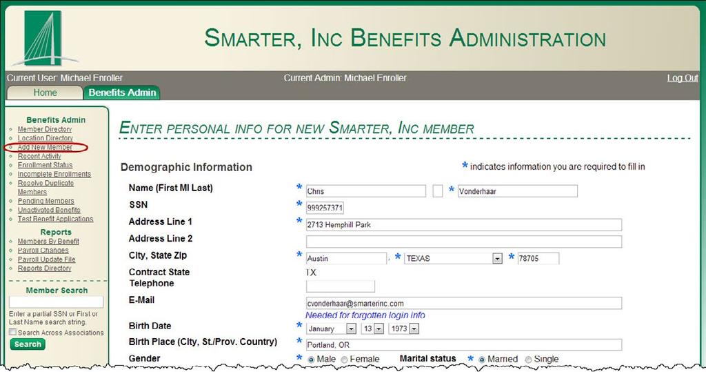 Adding a New Member It is strongly recommended you add the bulk of your association s members via an employee census file discussed in the Pre-Enrollment section at the beginning of this manual.