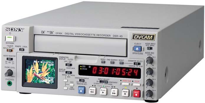 Sony DSR-45A Up Close Dual size cassette Audio Input Level Set S-video, Composite (BNC), Component (BNC) I/O Timecode I/O Genlock Input ilink Interface 4 Ch audio in (RCA) and Out (XLR) Key Features