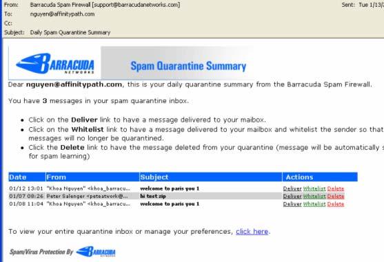 Using the Quarantine Interface Quarantine Summary Report The Barracuda Spam Firewall sends you a daily quarantine summary report so you can view the quarantined messages you did not receive.